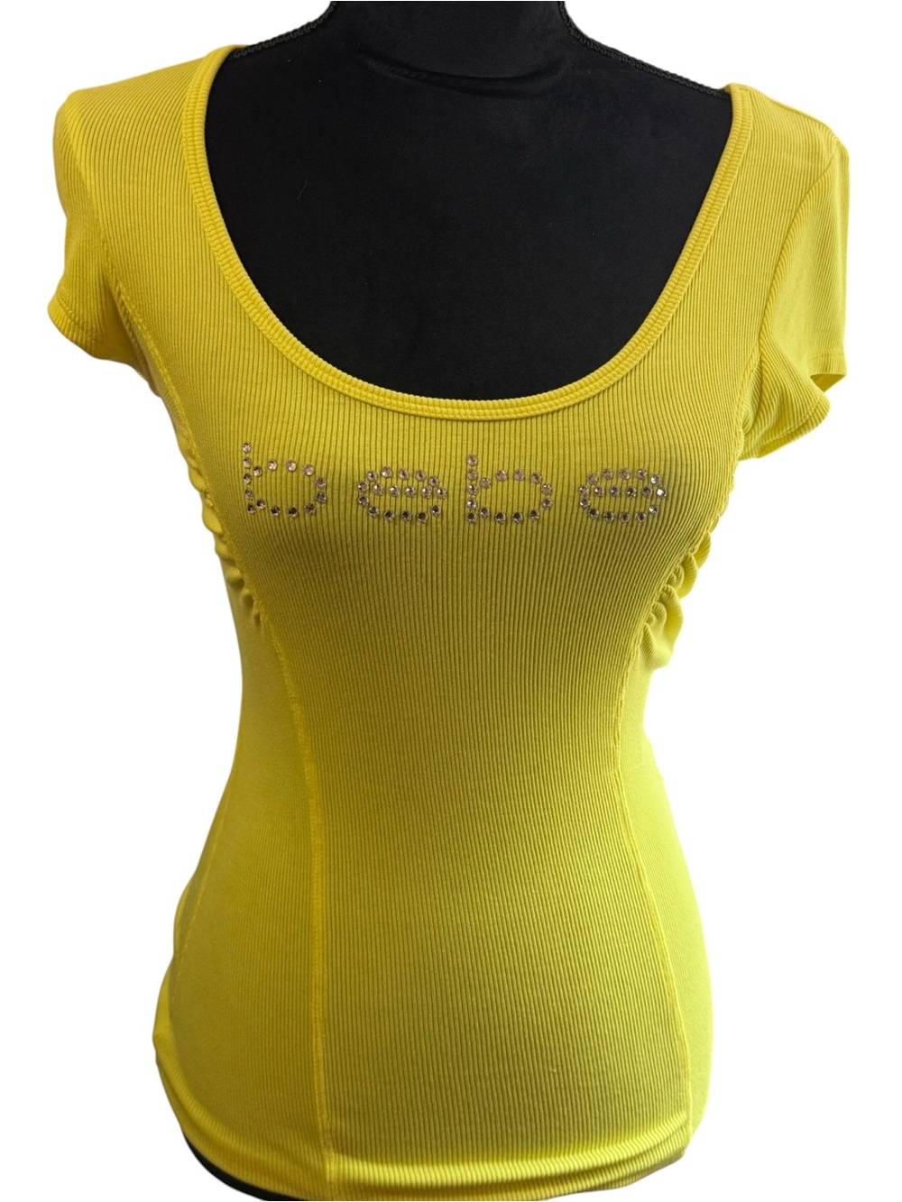 Bebe Yellow Ribbed Top Swarovski stones made in U.S.A Rare Vintage Size S